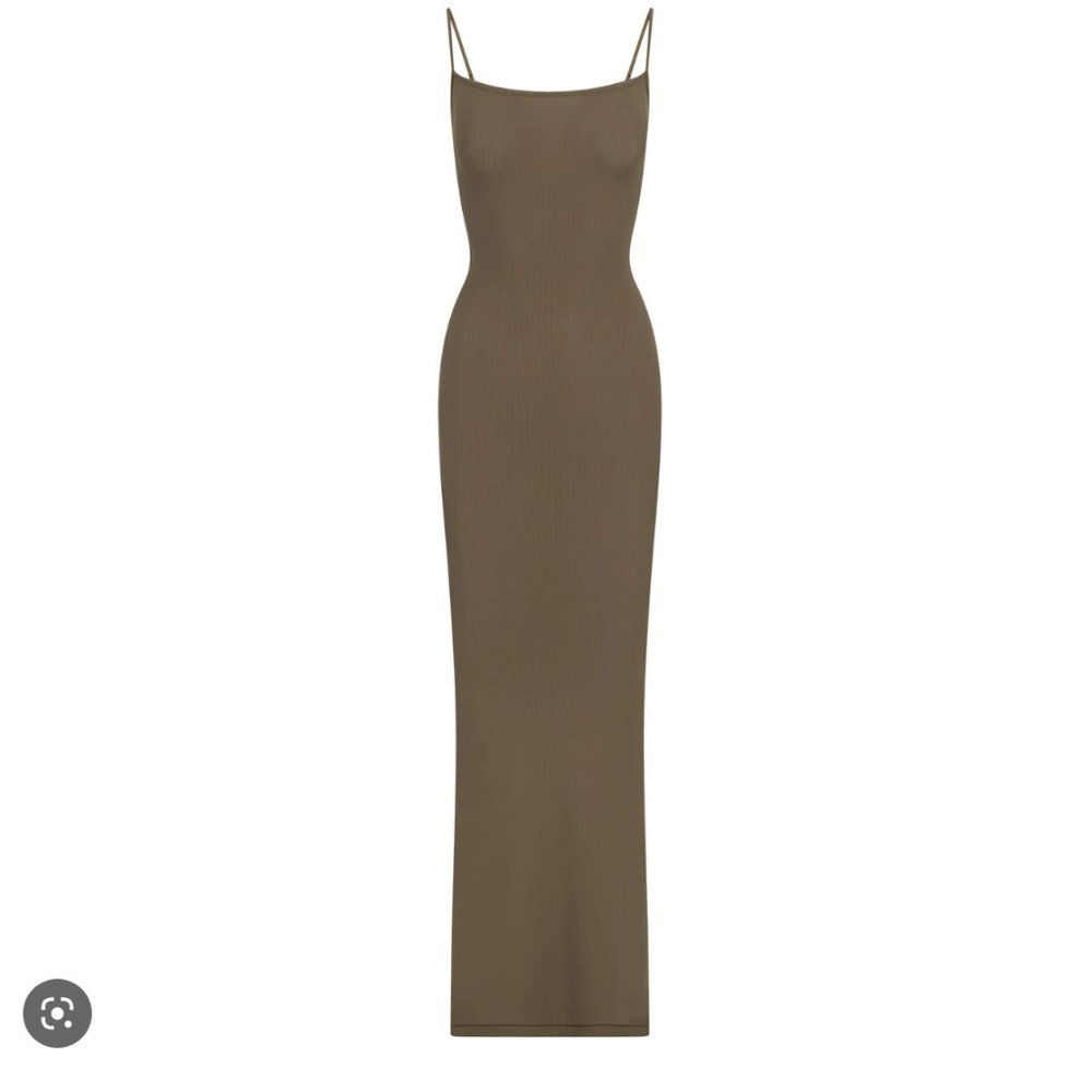 Skims Ribbed Lounge Long Slip Dress Maxi - Army